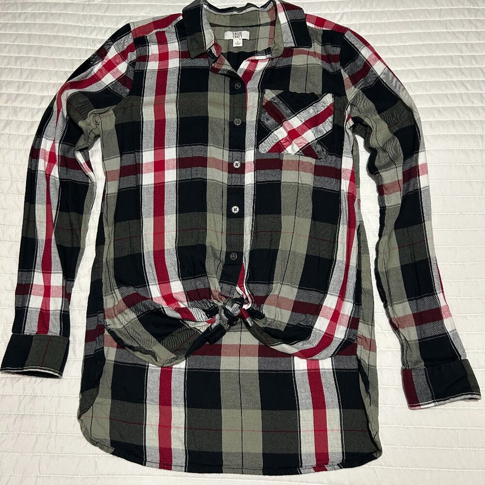 True Craft Plaid Button Down Tie Front Shirt Small